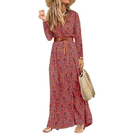 Long Sleeve V-neck Bohemian Floral Dress - Trendha