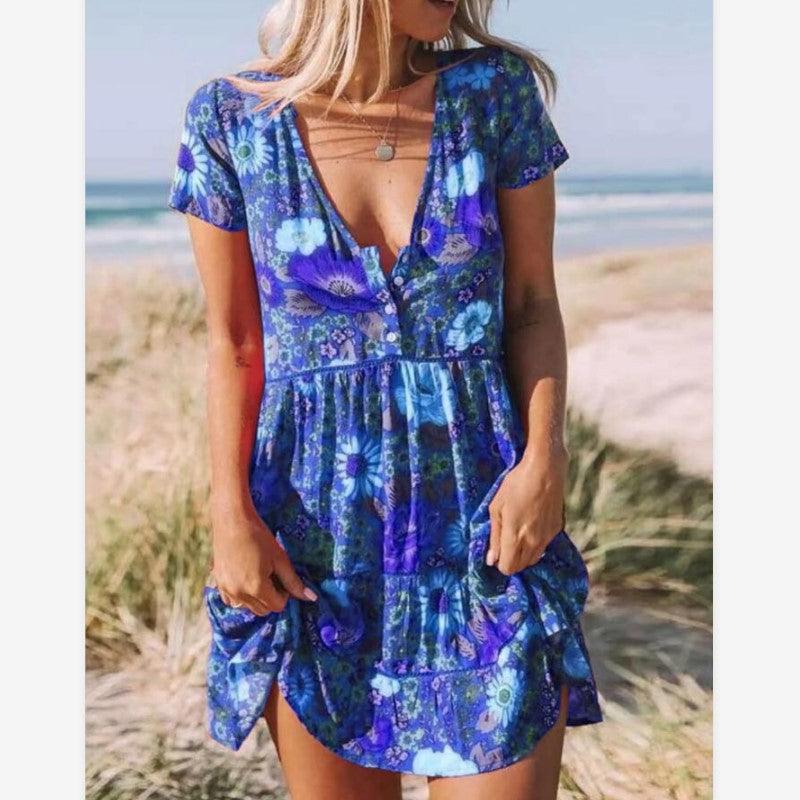 New Women's Printed V-Neck Short-Sleeved Dress - Trendha