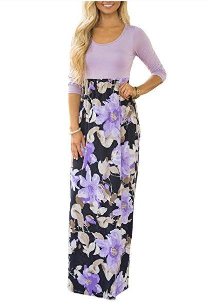 Round neck nine-quarter sleeve milk silk print dress - Trendha