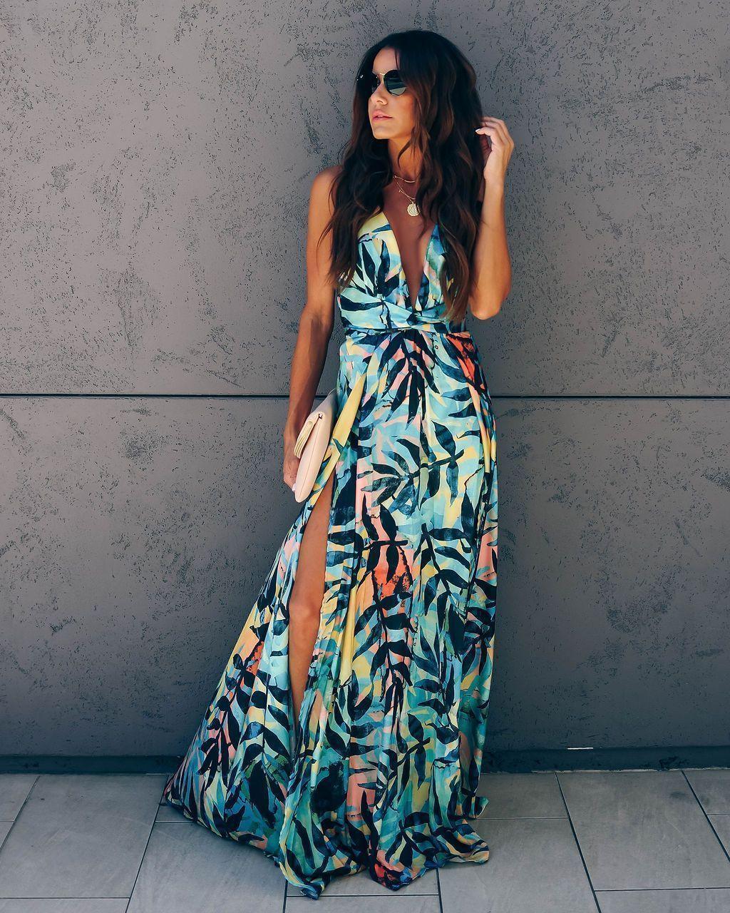 Mid-sleeve V-neck printed slim dress maxi - Trendha