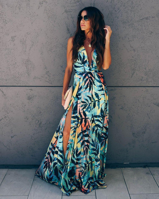 Mid-sleeve V-neck printed slim dress maxi - Trendha