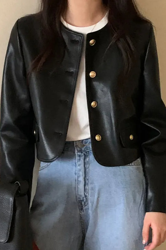 Retro O-Neck PU Leather Jacket