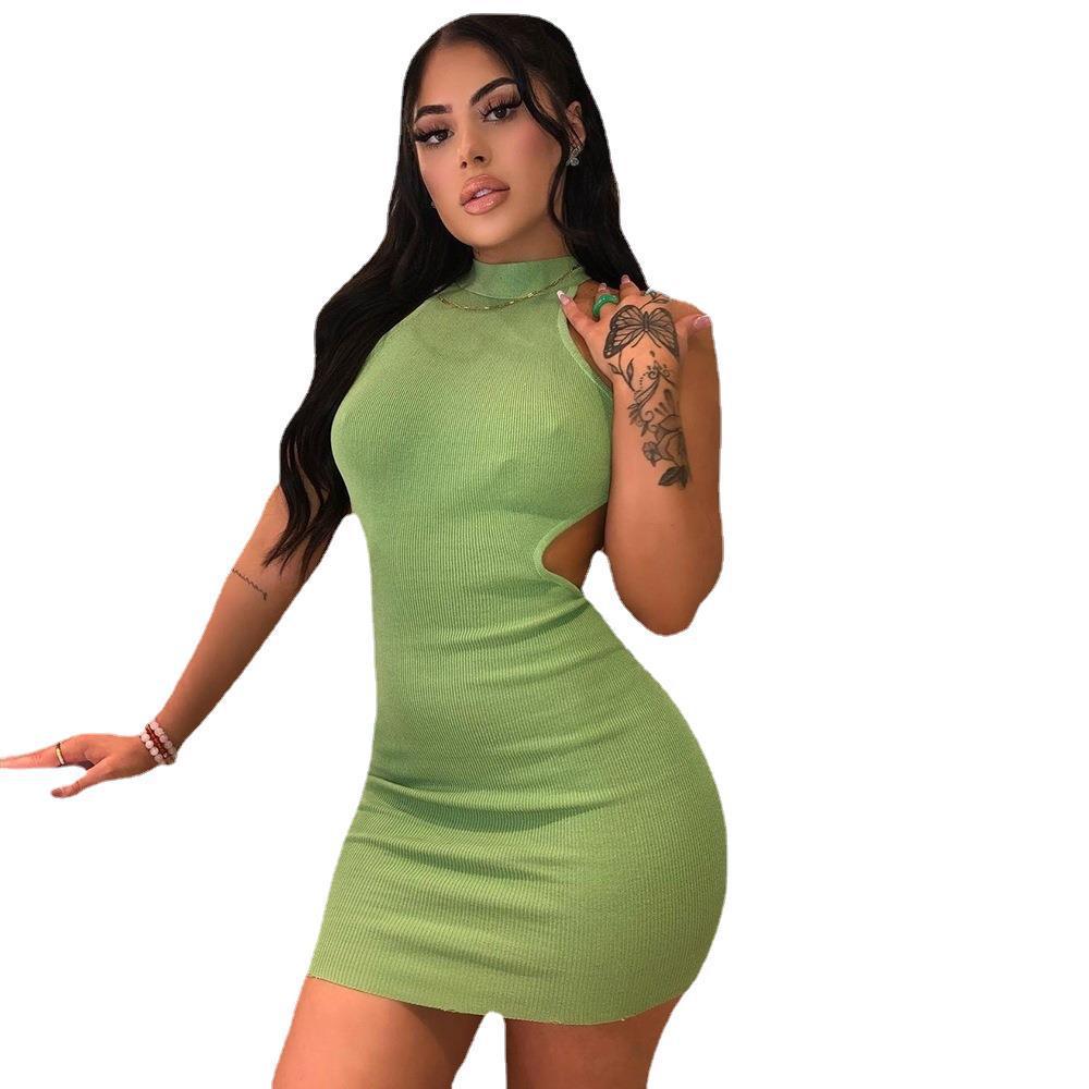 Women's High Neck Hollow Wrapped Breastless Back Mid Waist Pack Hip Dress - Trendha