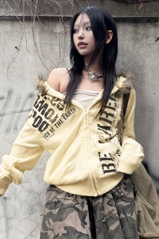 Letter Print Fur Detail Hoodie