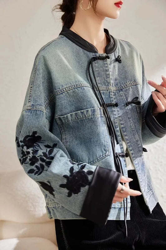Vintage Print Short Denim Jacket
