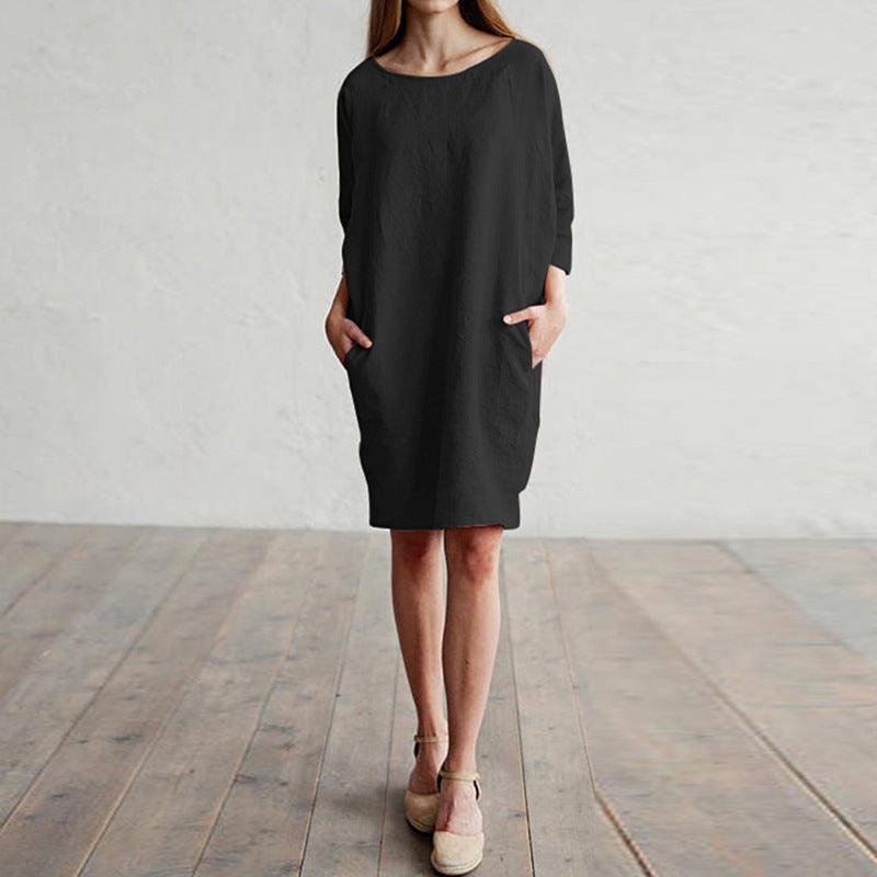 Cotton and linen stitching round neck pocket dress - Trendha