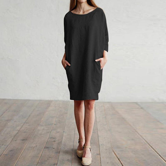 Cotton and linen stitching round neck pocket dress - Trendha