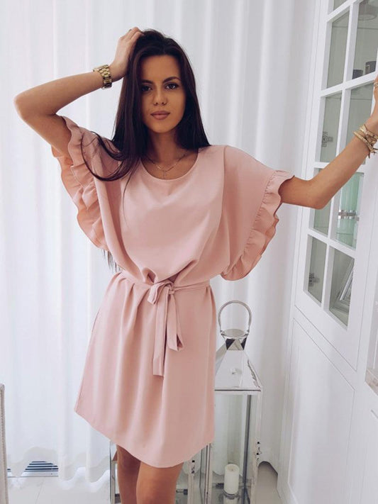 Solid color dress with ruffles and belt - Trendha