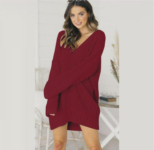 Loose v-neck knitted dress - Trendha