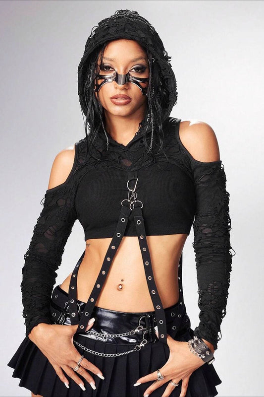 Punk Style Shoulder Cutout Hoodie