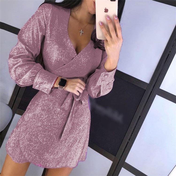 Lace V-neck short skirt sequined silver dot dress - Trendha