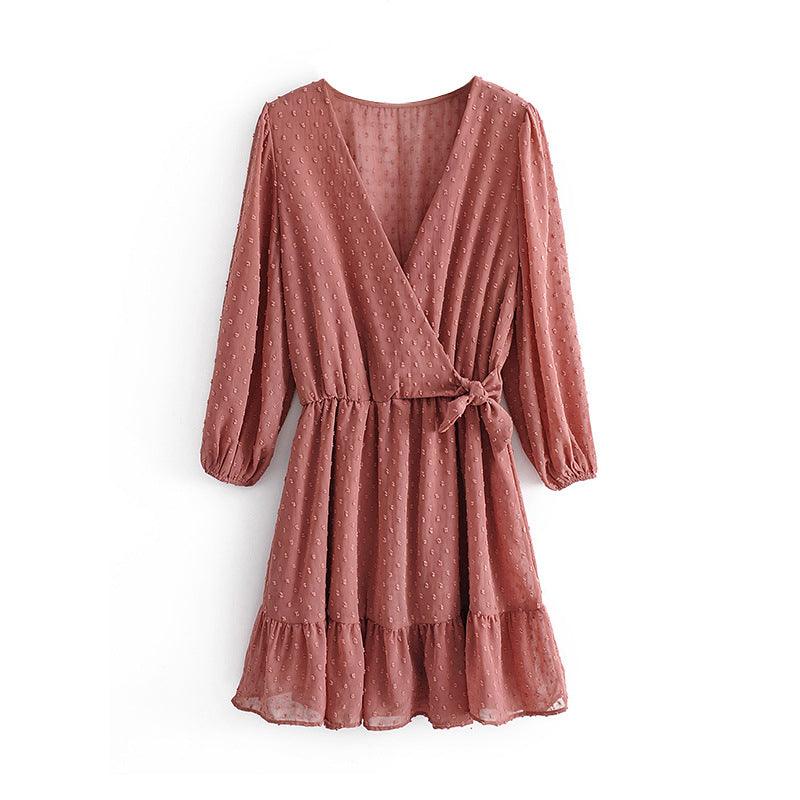 V-neck high waist pleated chiffon dress - Trendha