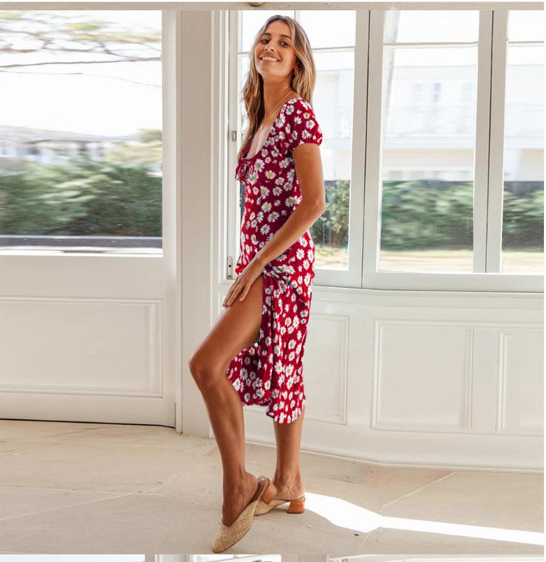 Floral square collar drawstring hem split dress - Trendha