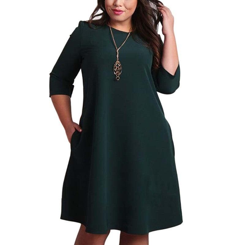 Solid Color Round Neck Sleeves Plus Size Dress - Trendha