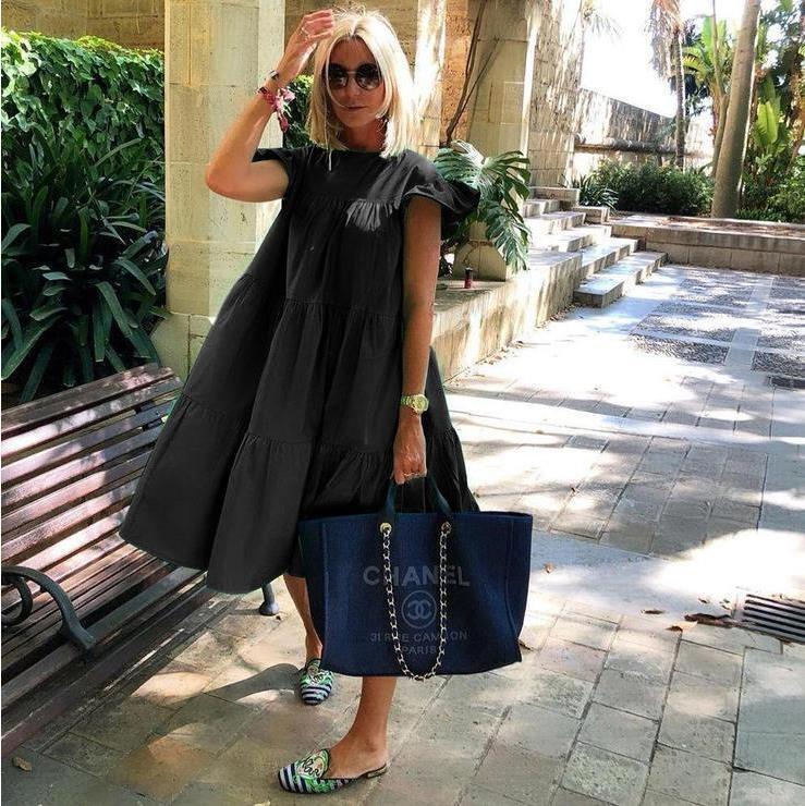 Women's Solid Color Loose Pleated Dress - British Style Mid-Length Swing Skirt - Trendha