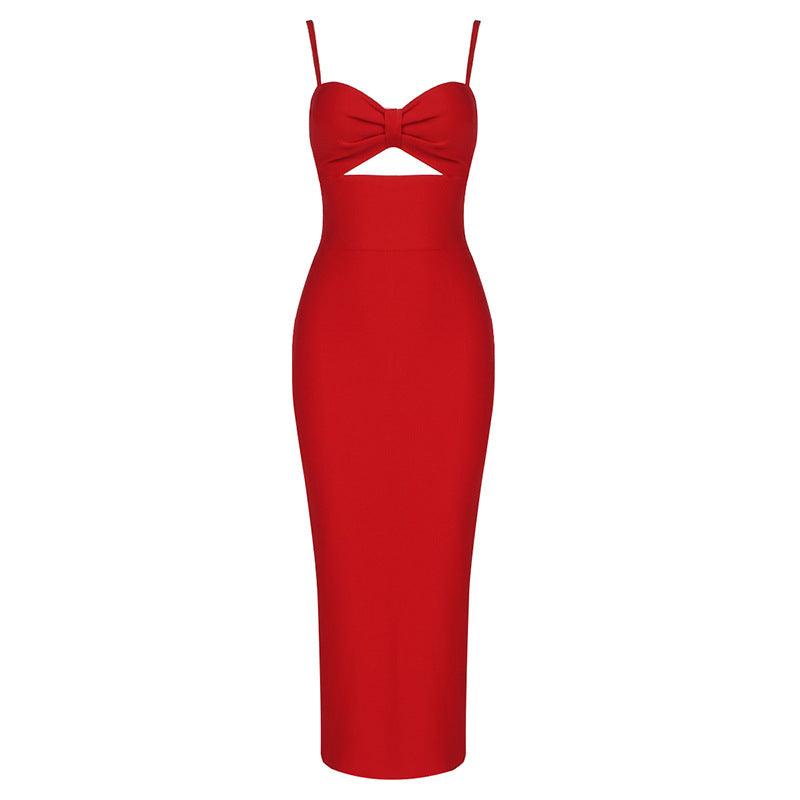 Fashion Waist Hollow Design 2021 New Sexy Solid Color V-Neck Halter Celebrity Party Club Bandage Long Dress - Trendha