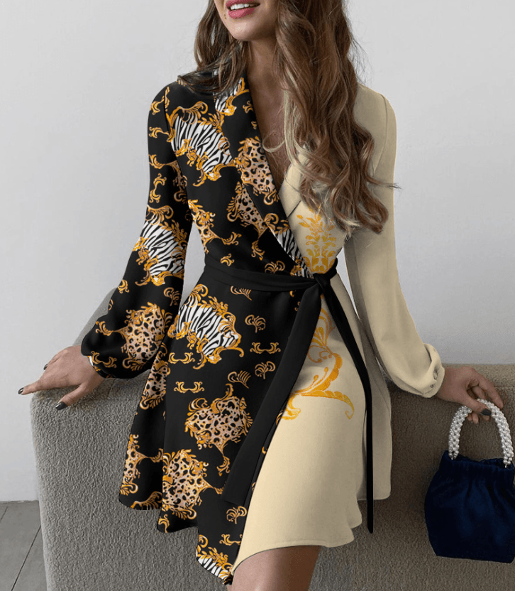 Fashion Sky Blue Long-sleeved Lapel Waist Tie Dress - Trendha