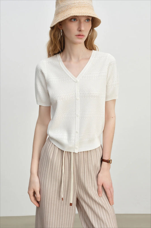 French Knit V-Neck Short Sleeve Cardigan