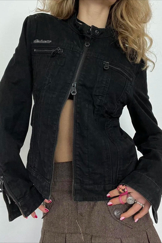 Double Zipper Denim Cargo Jacket