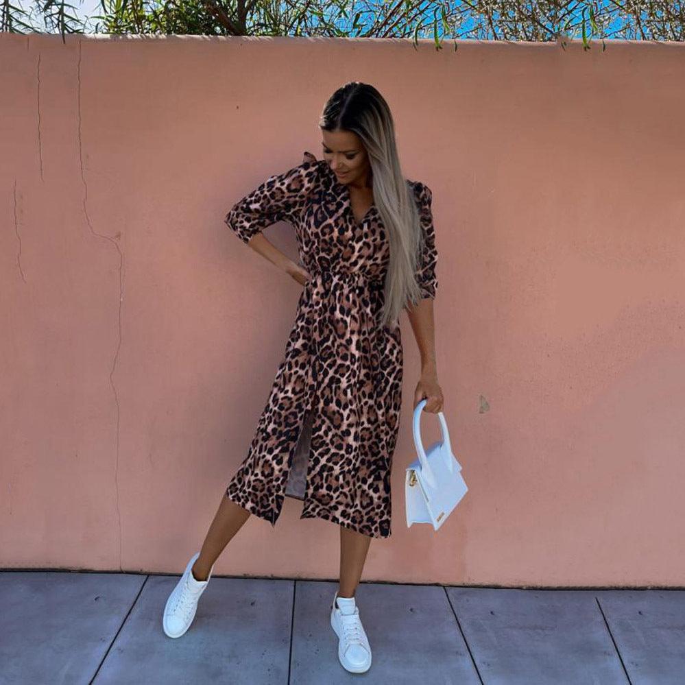 Fashion Loose Mid Sleeve V Neck Waist Print Dress - Trendha