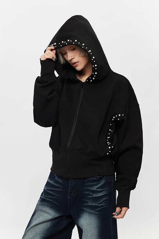 Pearl Zip-Up Loose Hoodie