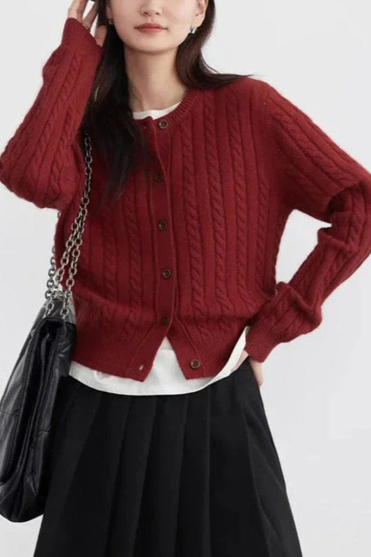 Red Twist Knit O-Neck Cardigan