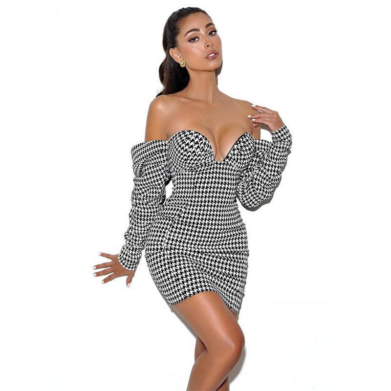Houndstooth Word Shoulder Wrap Dress Dress Tight-Fitting High Waist Bag Hip Dress - Trendha