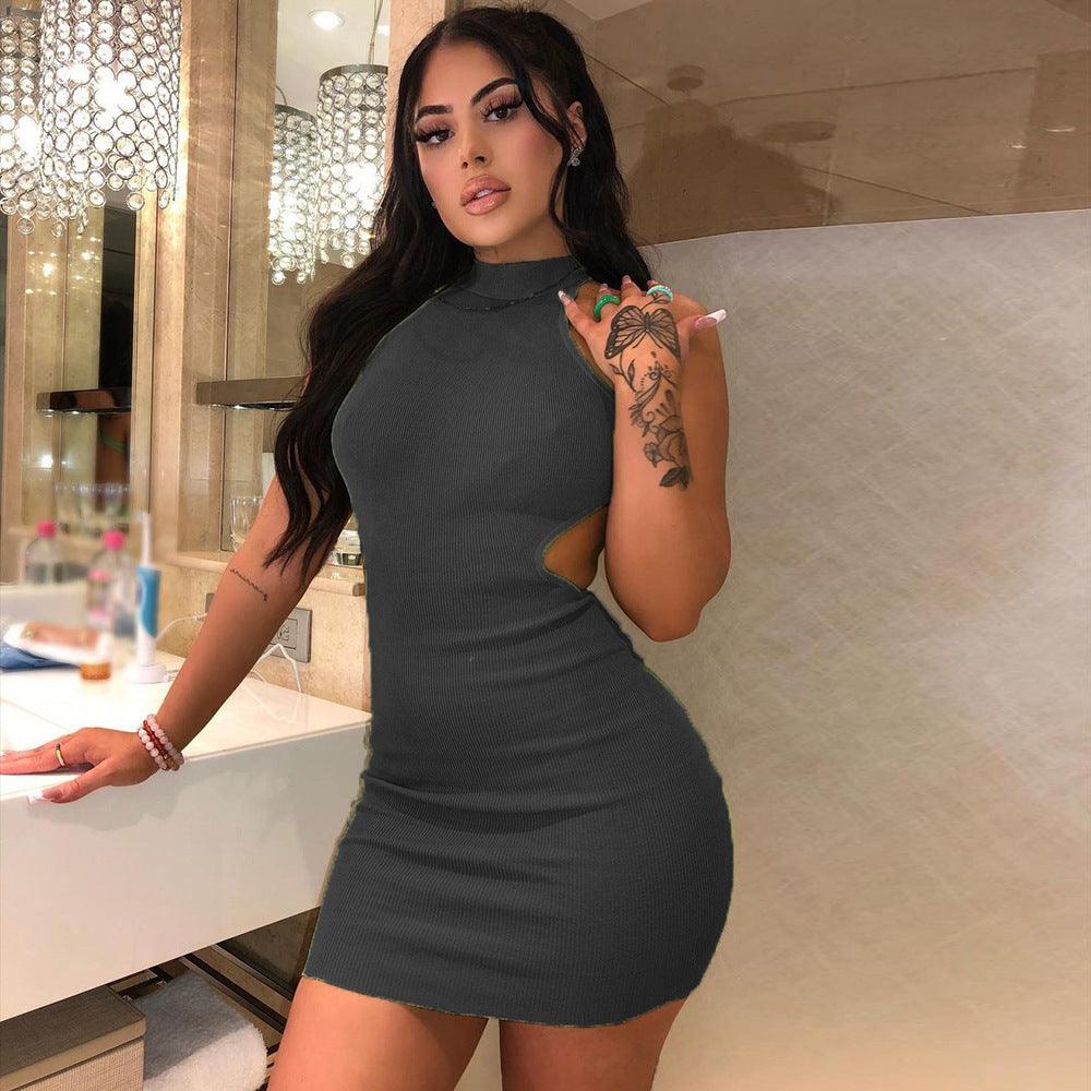 Women's High Neck Hollow Wrapped Breastless Back Mid Waist Pack Hip Dress - Trendha