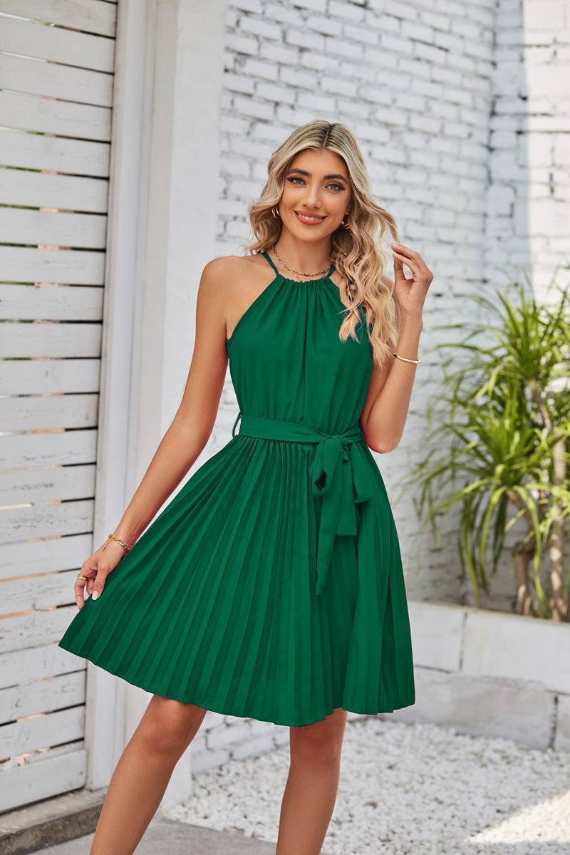 Halter Strapless Dresses For Women Solid Pleated Skirt Summer Beach Sundress - Trendha