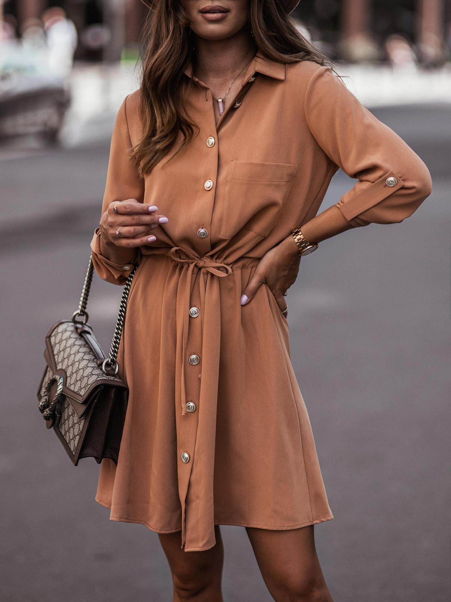 Solid Color Waist Belt With Buttons And Sleeves Dress - Trendha