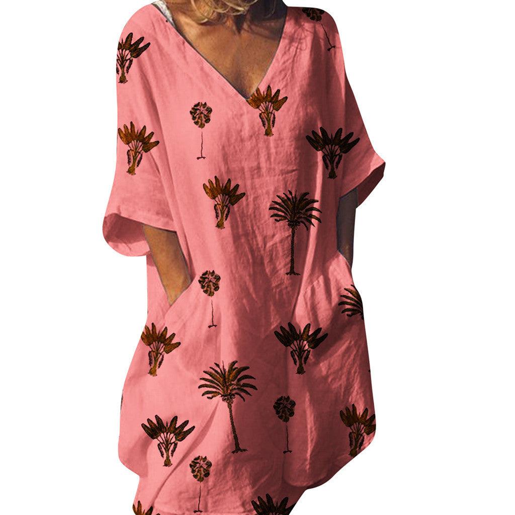 Leaf print V-neck casual flared dress - Trendha