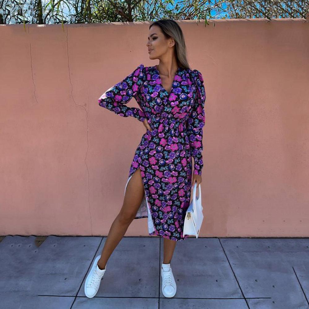 Fashion Loose Mid Sleeve V Neck Waist Print Dress - Trendha