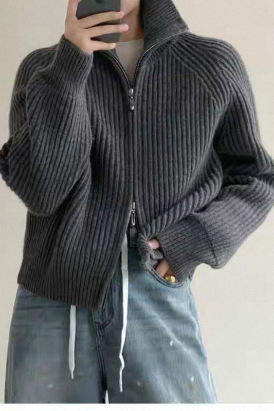Ribbed High Neck Zip Sweater