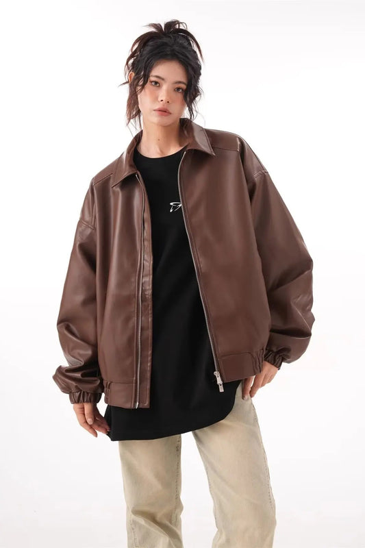 Vintage PU Leather Lapel Jacket