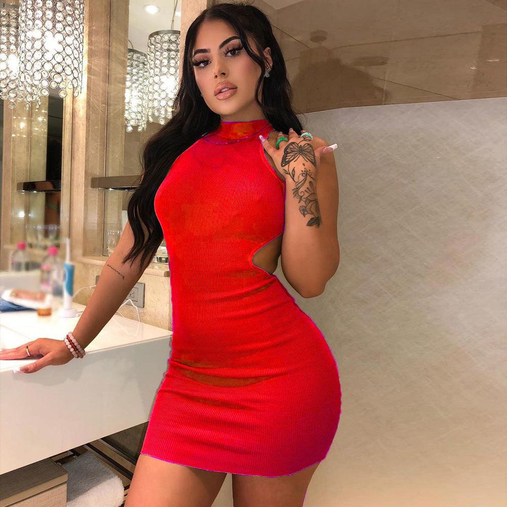 Women's High Neck Hollow Wrapped Breastless Back Mid Waist Pack Hip Dress - Trendha