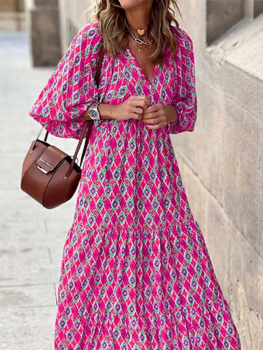 FashionSierra - 2025 Half Bubble Sleeves V-Neck Fashion Print Boho Dress