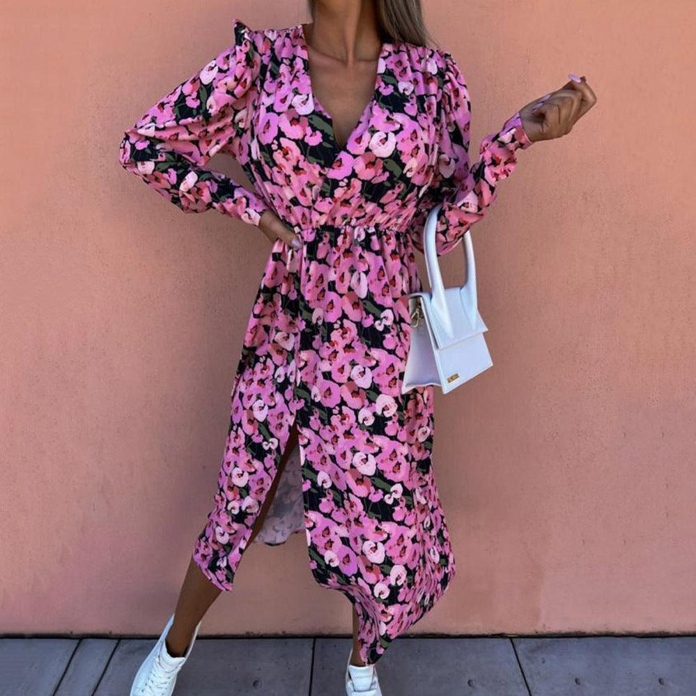 Fashion Loose Mid Sleeve V Neck Waist Print Dress - Trendha