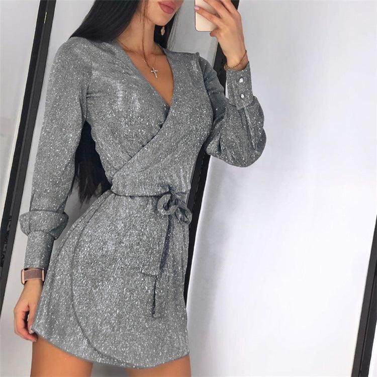 Lace V-neck short skirt sequined silver dot dress - Trendha