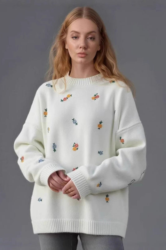 Embroidered Floral Crewneck Sweater