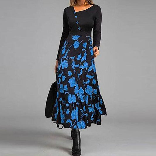 Elegant Patchwork Button Slim Waist Party Dress Retro Floral Print Long Sleeve Boho Dress Women Diagonal Collar Maxi Dress