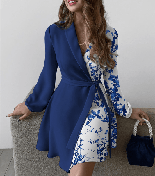 Fashion Sky Blue Long-sleeved Lapel Waist Tie Dress - Trendha