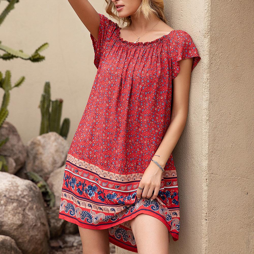 Himia Holiday Style One-line Collar Short-sleeved Floral Dress For Women - Trendha