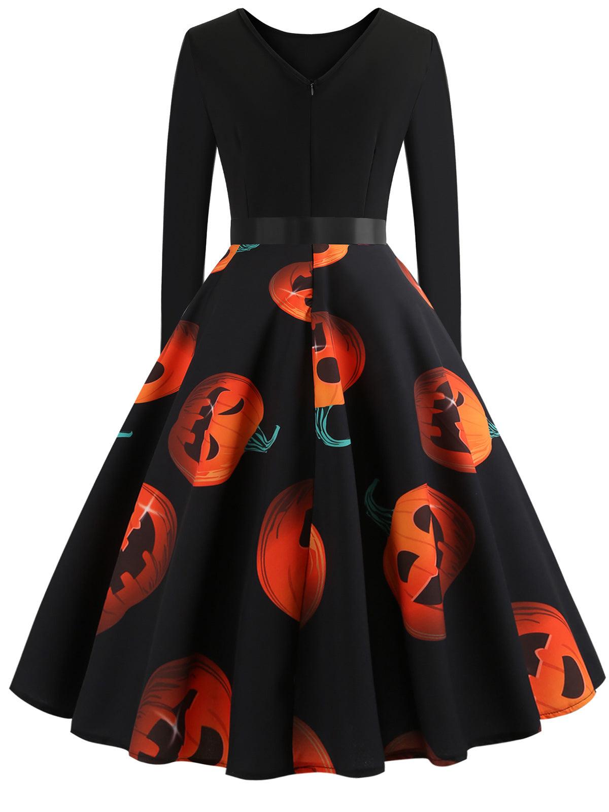 Halloween Round Neck Retro Print Long-Sleeved Big Swing Dress - Trendha