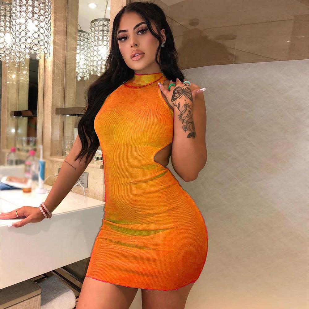 Women's High Neck Hollow Wrapped Breastless Back Mid Waist Pack Hip Dress - Trendha