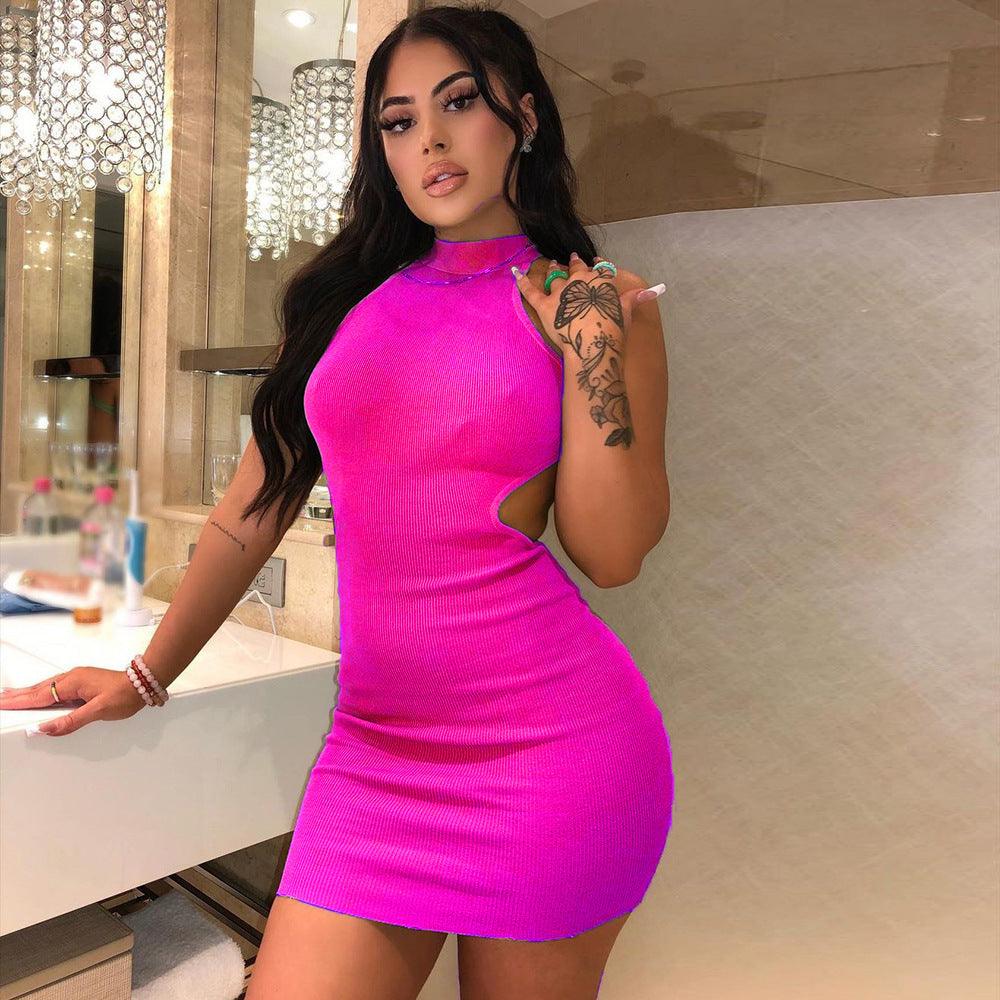 Women's High Neck Hollow Wrapped Breastless Back Mid Waist Pack Hip Dress - Trendha