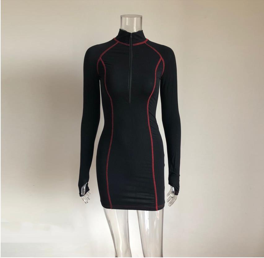 Stand collar zipper long sleeve dress - Trendha