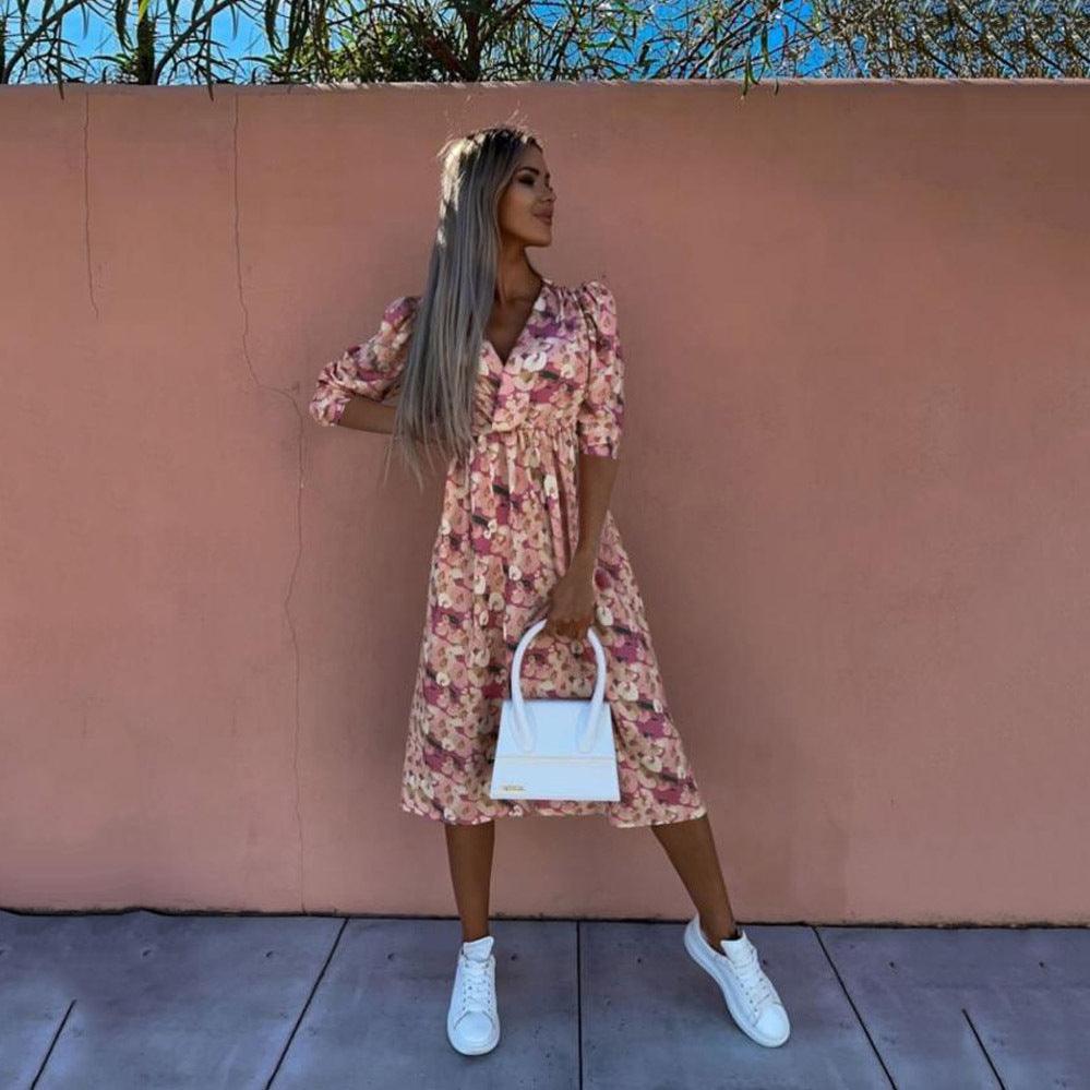 Fashion Loose Mid Sleeve V Neck Waist Print Dress - Trendha