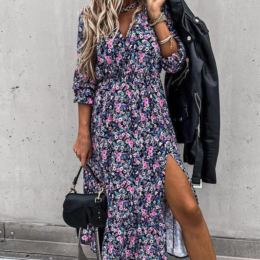 Blue split floral V-neck button long skirt - Trendha