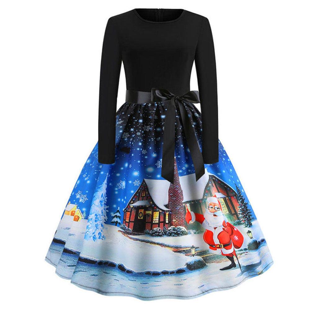 Christmas Retro Print Long-sleeved Big Swing Dress - Trendha