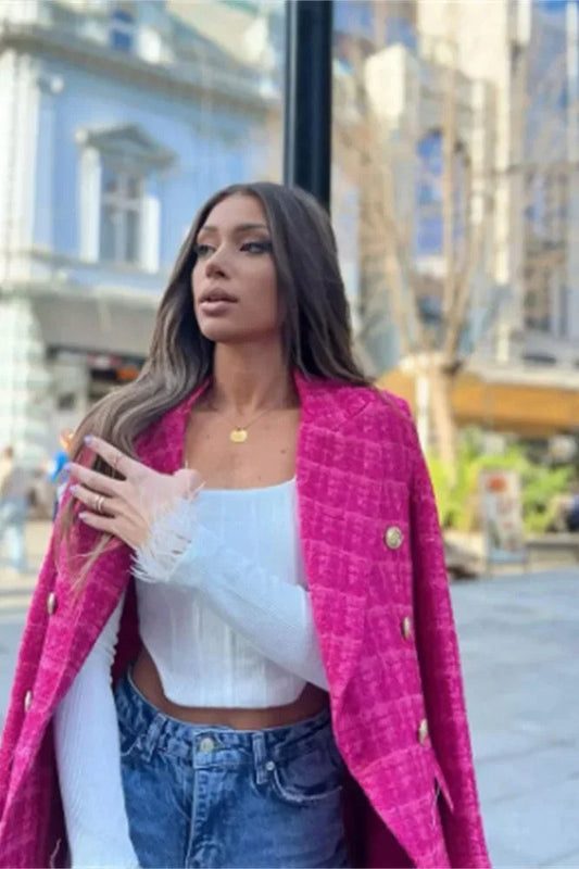 Textured Double-Breasted Mid-Length Blazer